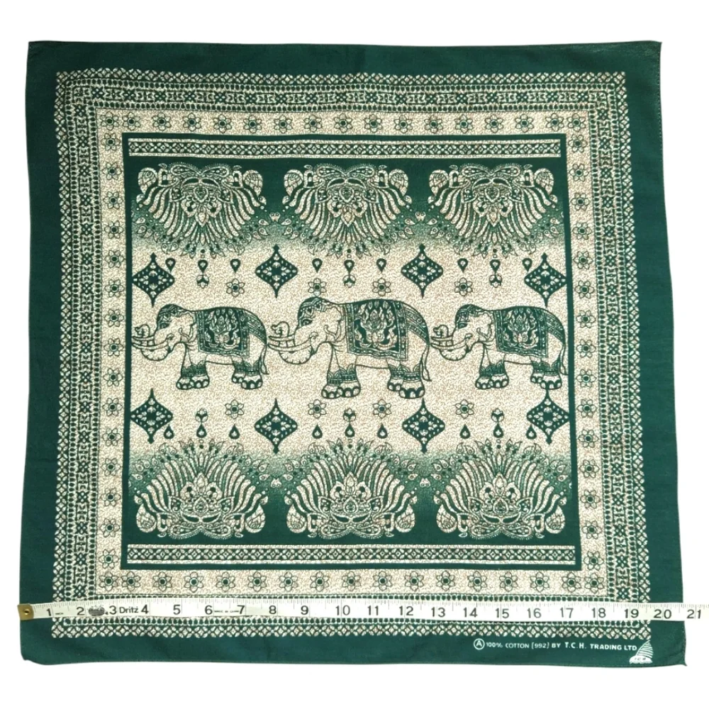 Dark Green Cotton Elephant Print Small City Scarf Bandana Head Scarf Square